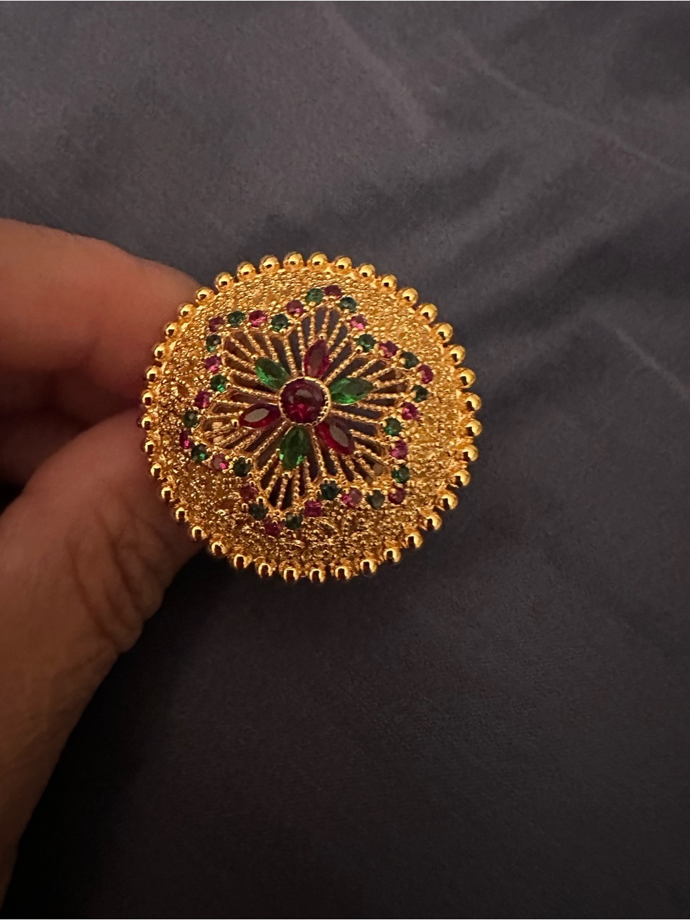 Gold-Tone Floral Statement Ring with Green and Pink Accents